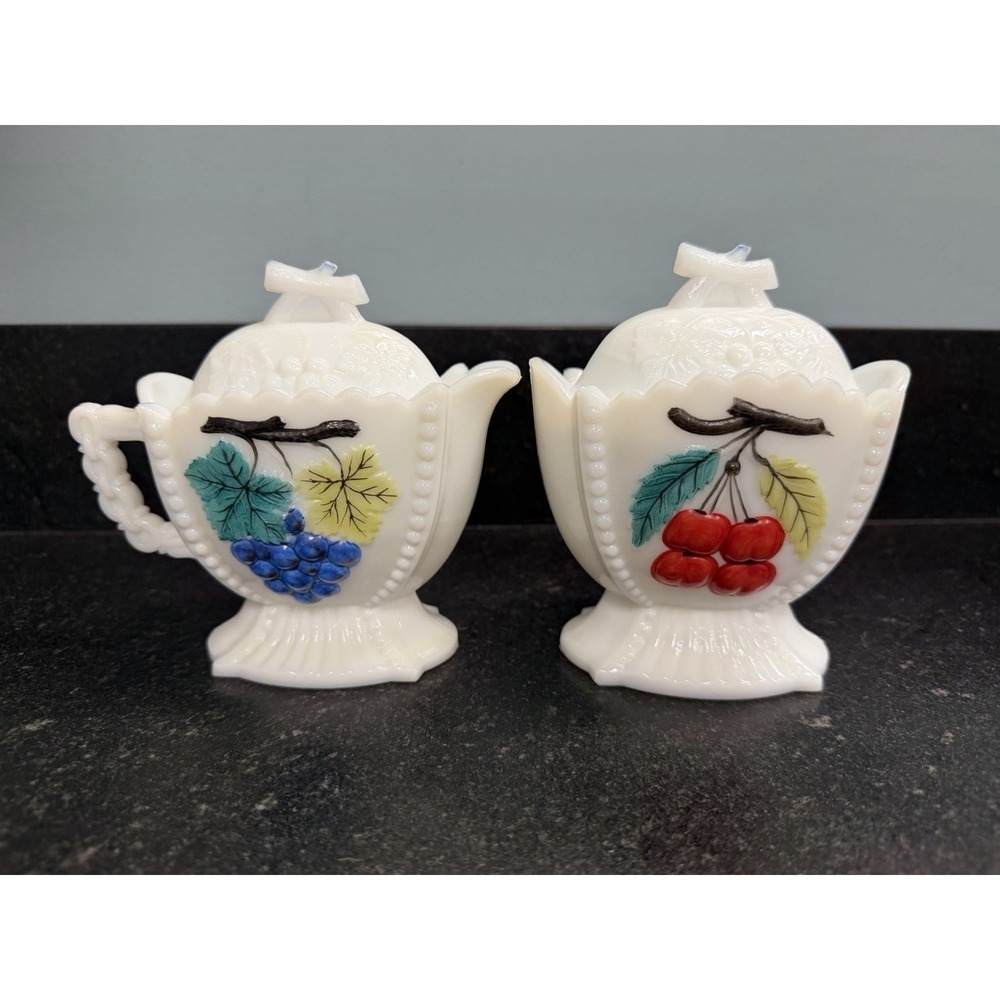 Vtg Westmoreland Milk Glass Fruit Panel Covered Sugar & Creamer Set Cherry/Grape